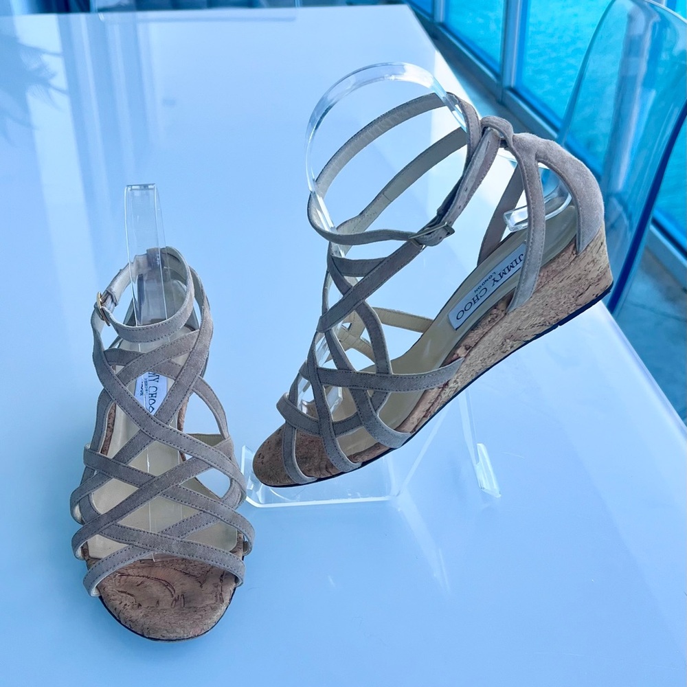 Jimmy Choo Beige Napa Suede Strappy Gladiator Cork Wedge Sandals - Picture 9 of 11